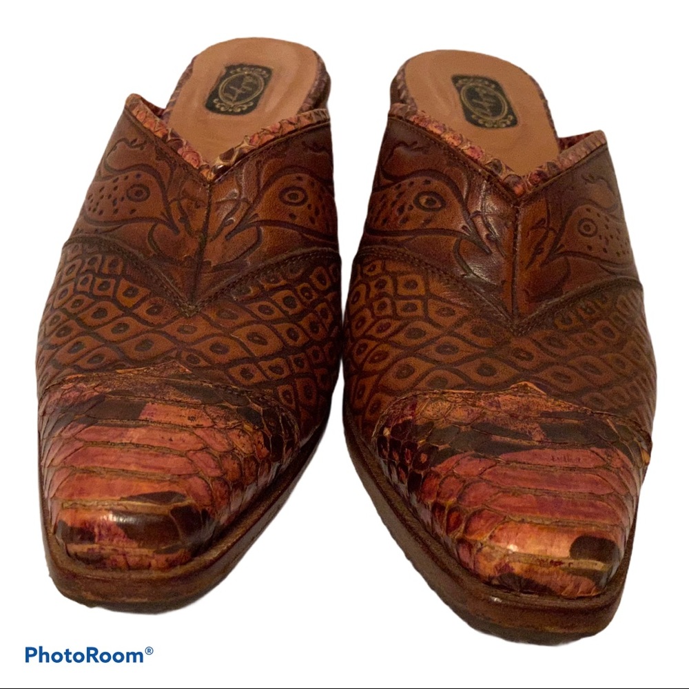 SALPY SHOES CLOGS BROWN HAND TOOLED LEATHER MULES Size 10 USA